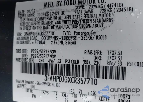 2012 Ford Fusion Sel z USA, uszkodzony, nr VIN 3FAHP0JGXCR357710